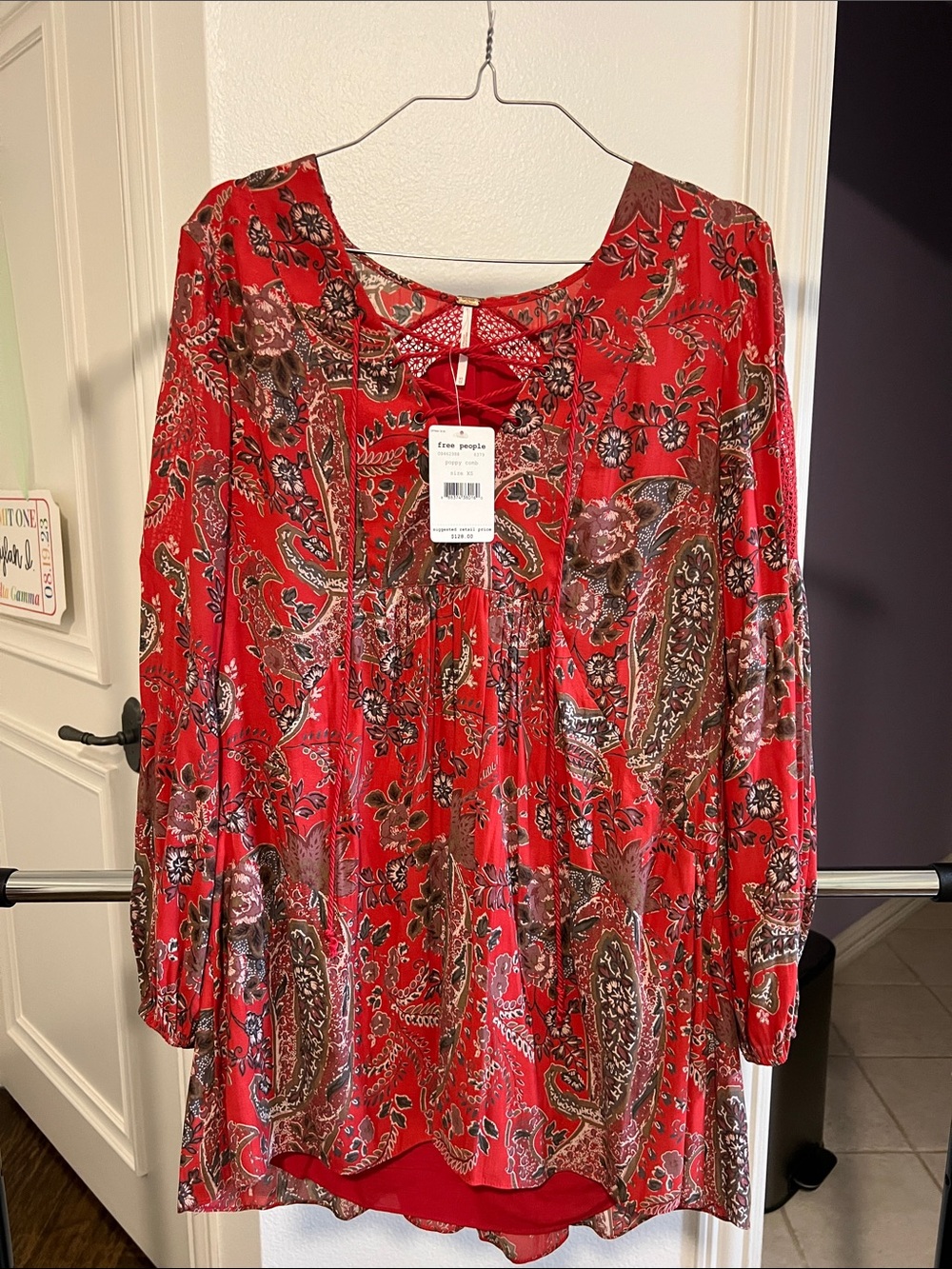 Free People Red Paisley Long-Sleeve Peasant Dress